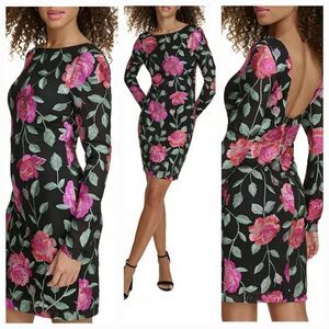 New SIENA (6) Black with Pink Roses Embroidered All Over Long Sleeve Mini Dress
